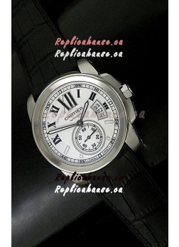 Cartier Calibre de Japanese Replica Steel Watch in Black Leather Strap