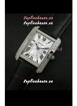 Cartier Louis Japanese Replica Ladies Diamond Watch in Black Strap