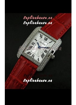 Cartier Louis Japanese Replica Ladies Diamond Watch in Red Strap
