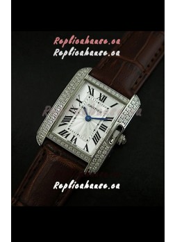 Cartier Louis Japanese Replica Ladies Diamond Watch in Brown Strap