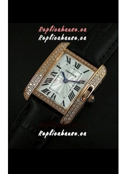Cartier Louis Japanese Replica Ladies Rose Gold Diamond Watch in Black Strap
