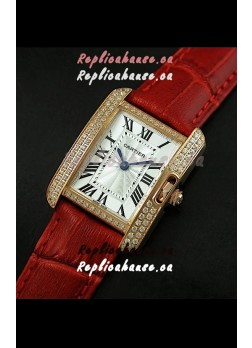 Cartier Louis Japanese Replica Ladies Rose Gold Diamond Watch in Red Strap