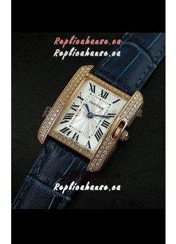 Cartier Louis Japanese Replica Ladies Rose Gold Diamond Watch in Blue Strap