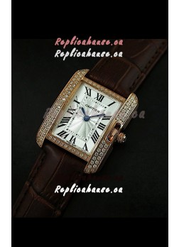 Cartier Louis Japanese Replica Ladies Rose Gold Diamond Watch in Brown Strap