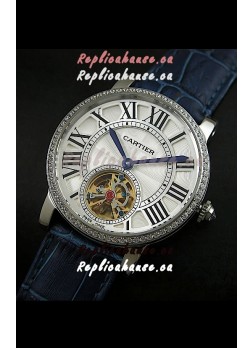 Cartier Ronde de Tourbillon Japanese Replica Diamond Watch in Blue Strap