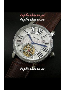 Cartier Ronde de Tourbillon Japanese Replica Diamond Watch in Brown Strap