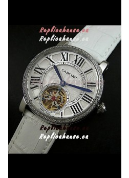 Cartier Ronde de Tourbillon Japanese Replica Diamond Watch in White Strap