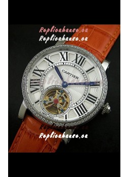 Cartier Ronde de Tourbillon Japanese Replica Diamond Watch in Brown Strap