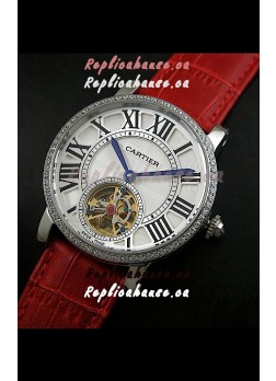 Cartier Ronde de Tourbillon Japanese Replica Diamond Watch in Red Strap