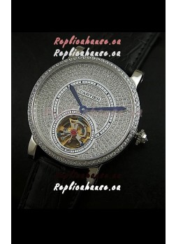 Cartier Ronde de Tourbillon Japanese Replica Diamond Watch in Black Strap