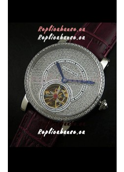 Cartier Ronde de Tourbillon Japanese Replica Diamond Watch in Purple Strap