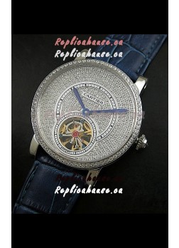Cartier Ronde de Tourbillon Japanese Replica Diamond Watch in Blue Strap
