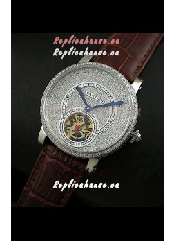 Cartier Ronde de Tourbillon Japanese Replica Diamond Watch in Brown Strap