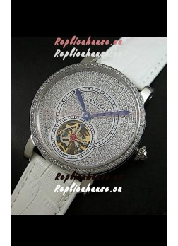 Cartier Ronde de Tourbillon Japanese Replica Diamond Watch in White Strap