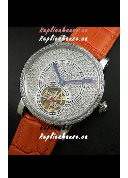 Cartier Ronde de Tourbillon Japanese Replica Diamond Watch in Orange Strap