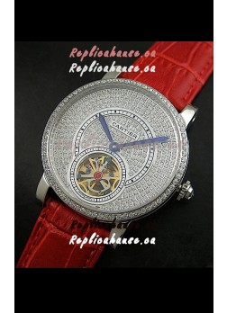 Cartier Ronde de Tourbillon Japanese Replica Diamond Watch in Red Strap