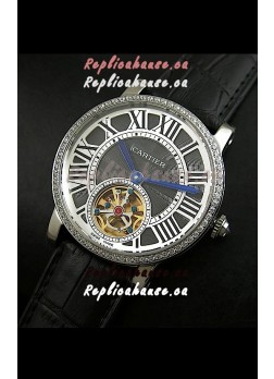 Cartier Ronde de Tourbillon Japanese Replica Diamond Watch in Black Dial