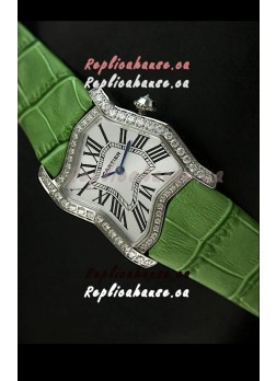 Cartier Tank Folle Ladies Replica Watch in Steel Case/Green Strap