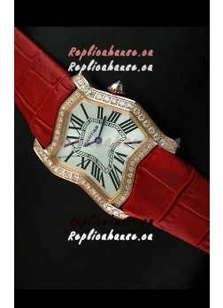 Cartier Tank Folle Ladies Replica Watch in Yellow Gold Case/Red Strap
