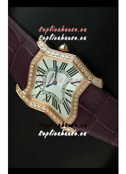 Cartier Tank Folle Ladies Replica Watch in Yellow Gold Case/Maroon Strap