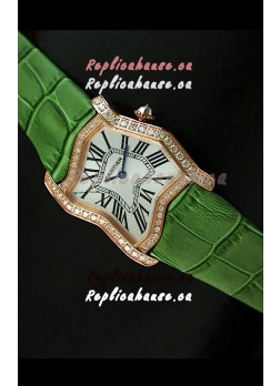 Cartier Tank Folle Ladies Replica Watch in Yellow Gold Case/Green Strap