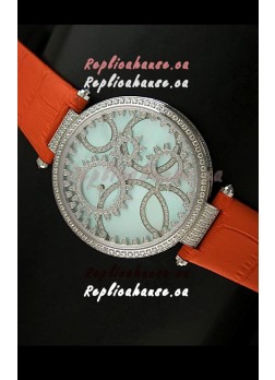 Cartier Replica Watch with Diamonds Embedded Dial Bezel in Steel Case/Orange Strap
