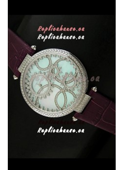 Cartier Replica Watch with Diamonds Embedded Dial Bezel in Steel Case/Maroon Strap