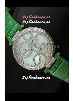 Cartier Replica Watch with Diamonds Embedded Dial Bezel in Steel Case/Green Strap