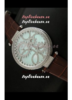 Cartier Replica Watch with Diamonds Embedded Dial Bezel in Steel Case/Brown Strap