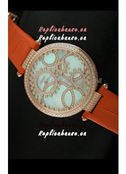 Cartier Replica Watch with Diamonds Embedded Dial Bezel in Gold Case/Orange Strap