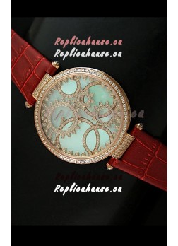 Cartier Replica Watch with Diamonds Embedded Dial Bezel in Gold Case/Brown Strap