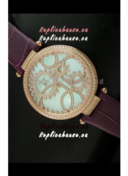 Cartier Replica Watch with Diamonds Embedded Dial Bezel in Gold Case/Maroon Strap