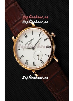 Patek Philippe Calatrava Japanese Mens Watch in Yellow Gold Case Brown Strap