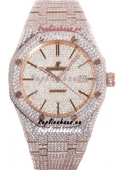 Audemars Piguet Royal Oak 15400 Iced Out Stick Markers Dial in Rose Gold Casing Swiss Replica Watch