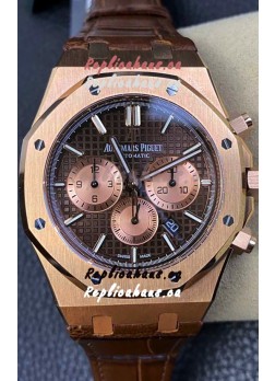 Audemars Piguet Royal Oak Chronograph Rose Gold Brown Dial Leather Strap Swiss Replica Watch