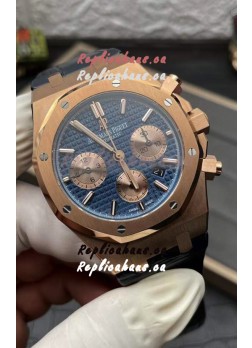 Audemars Piguet Royal Oak Chronograph Rose Gold Blue Dial Leather Strap Swiss Replica Watch