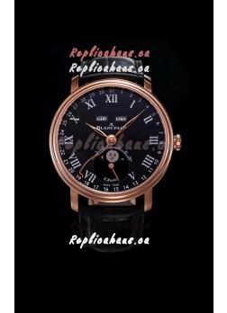 Blancpain "Villeret Quantième Complet" 904L Steel Rose Gold Watch in Black Dial
