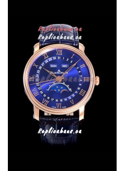 Blancpain "Villeret Quantième Complet" 904L Steel Rose Gold Watch in Blue Dial