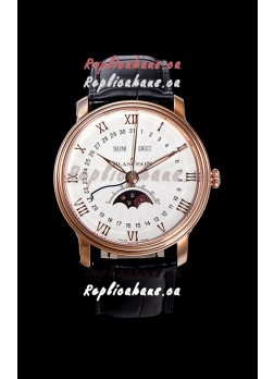 Blancpain "Villeret Quantième Complet" 904L Steel Rose Gold Watch in White Dial