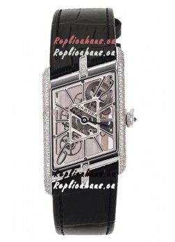 Cartier Tank Asymétrique Stainless Steel Casing Diamonds Bezel Watch in Leather Strap Swiss Replica