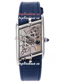 Cartier Tank Asymétrique Stainless Steel Casing Blue Strap Watch in Leather Strap Swiss Replica
