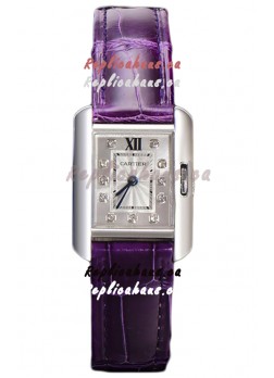 Cartier Tank Anglaise Stainless Steel Watch in Purple Leather Strap Swiss Quartz Watch 30MM