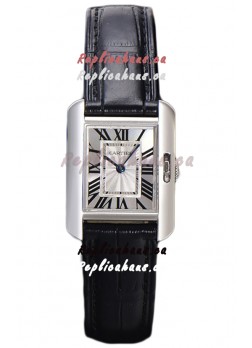 Cartier Tank Anglaise Stainless Steel Watch in Black Leather Strap Swiss Quartz Watch 30MM
