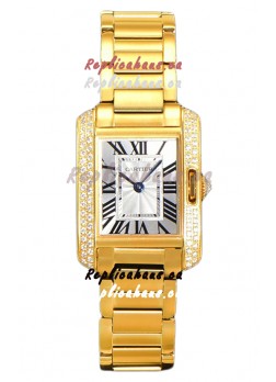 Cartier Tank Anglaise Yellow Gold Watch in Steel Strap Diamonds Bezel Swiss Quartz Watch 30MM
