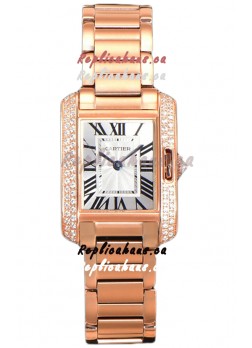 Cartier Tank Anglaise Rose Gold Watch in Steel Strap Diamonds Bezel Swiss Quartz Watch 30MM