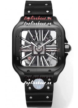 Santos De Cartier Watch in Skeleton Dial - DLC Coated Casing & Bezel  in Rubber Strap