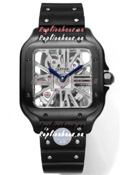 Santos De Cartier Watch in Skeleton Dial - DLC Coated Casing in Rubber Strap