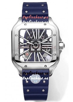 Santos De Cartier Watch in Skeleton Dial - Stainless Steel Casing Blue Rubber Strap