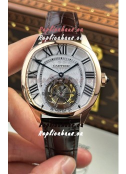 Drive De Cartier Rose Gold Tourbillon Super clone Replica Watch in White Dial 