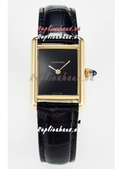Tank Must Cartier Super Clone Edition 29MM Watch in Yellow Gold Casing Black Dial 